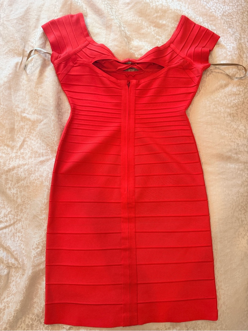Herve Leger Red Short Sleeve Bodycon Bandage Mini Dress with Front Cutout - Picture 6 of 9